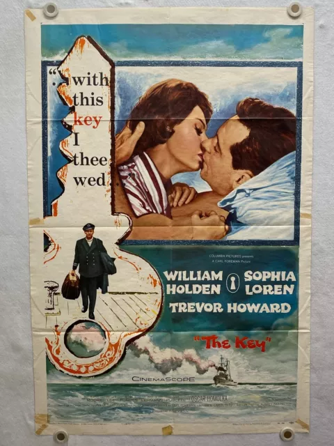 1958 The Key 1SH Movie Poster 27 x 41 William Holden Sophia Loren Trevor Howard