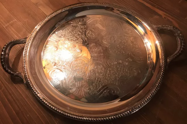 Vtg FB Rogers Silver Co. Large Silverplate Butlers Tray with Handles 12 5/8” Dia