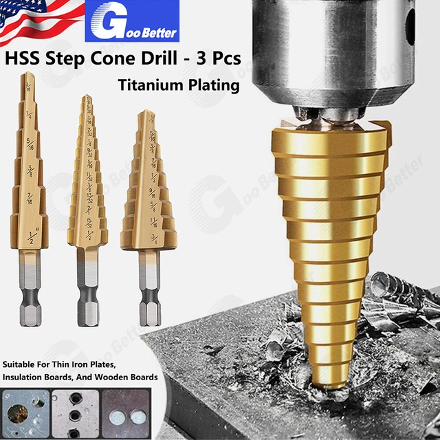 3PCS Drill Bit Set HSS Titanium Nitride Coated Steel Step Quick Change 1/4 Shank