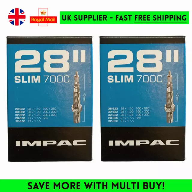 2x Impac Inner Tube 28" INCH 700c 28c-32c SLIM 622/630 Presta Valve 40mm SV28