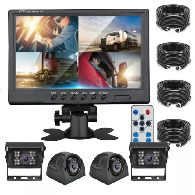 9" Quad Split Monitor 4 Side Rear View Backup Heavy Duty Camera For Bus Truck RV