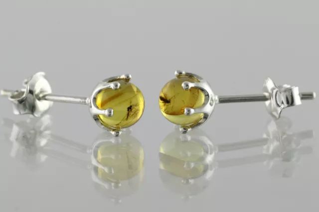 Fossil Insects BALTIC AMBER Round Beads Spheres Silver Earrings 1g 200402-5