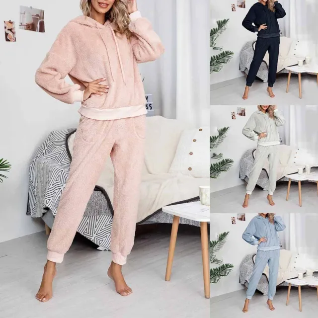Donna lungo Caldo Pile Pajamas-Suit Inverno Thermal con Cappuccio Pigiama Riposo