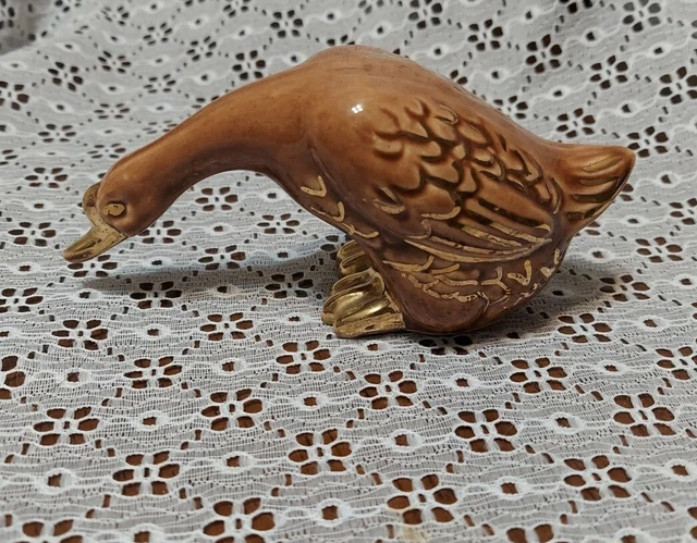 Vintage Porcelain Brown Goose/Duck W/Gold Trim-5"