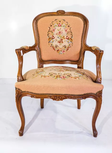 French Louis XV Style Carved Oak Needlepoint Pink Floral Armchair - (NWB146)