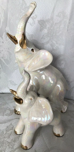 Two White Ceramic Porcelain ELEPHANT Trunk-Up Figurines