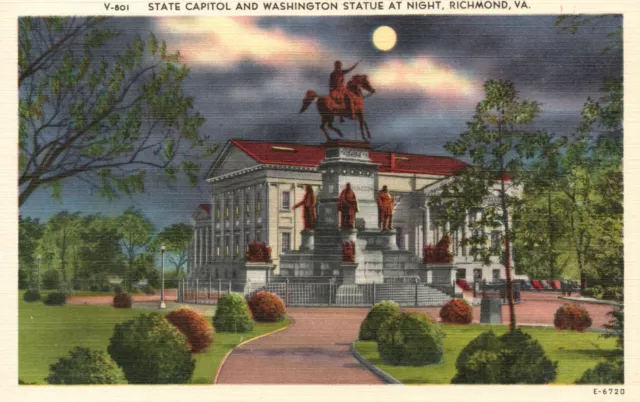 Vintage Postcard 1930's State Capital & Washington Statue at Night Richmond VA