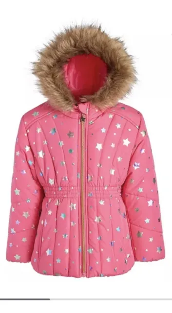 R 1881 By Rothschild Girls Stars Foil Prints Puffer Jacket faux fur Hood Pink