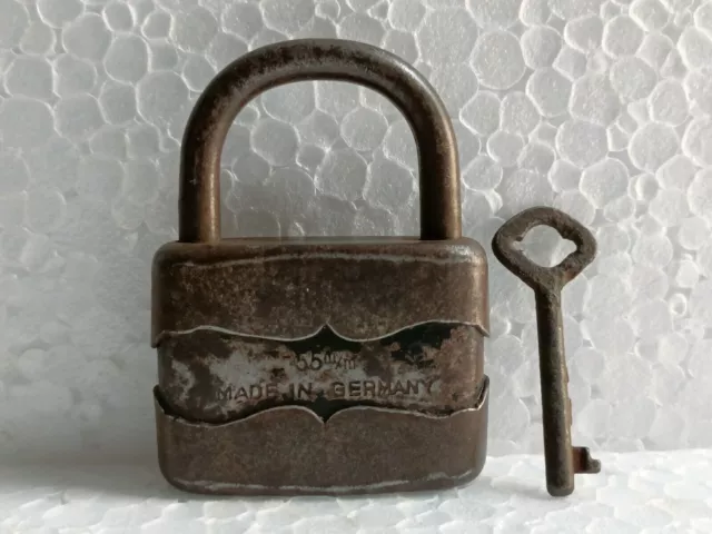 Old Vintage Rare Rustic Iron Padlock With Key Made In Germany