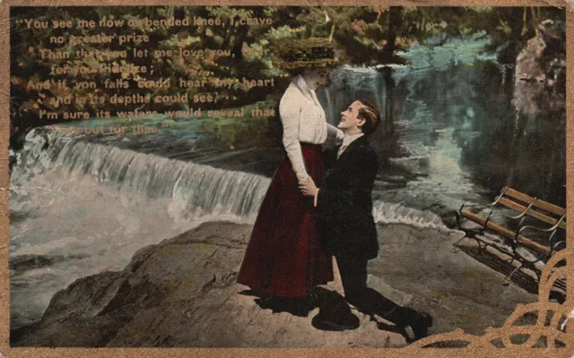 Vintage Postcard 1910's Lovers Couple Kneeling Holding Her Hand Waterfalls