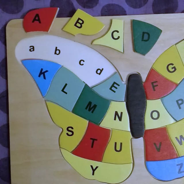 Wooden Butterfly Alphabet Tray Puzzle. Capital letter pieces fit lowercase board