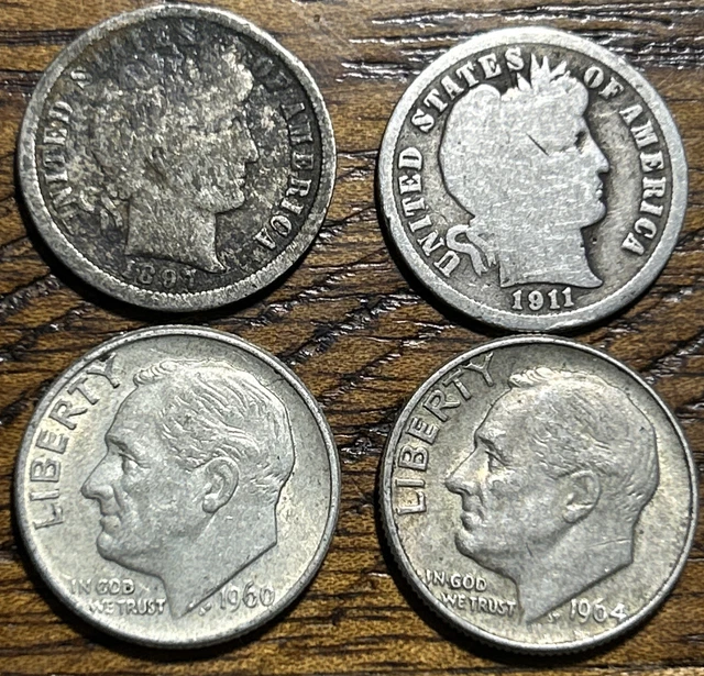 Silver 1897 1911 Barber Dimes 1960 D 1964 D Silver Dime Lot 4 Toned Silver A2696