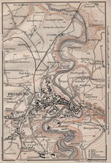 FRIBOURG / FREIBURG ENVIRONS. Switzerland Suisse Schweiz carte karte 1905 map