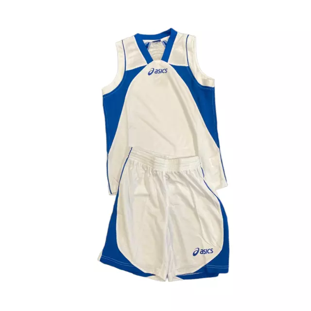 Set gilet e pantaloncini Asics squadra per bambini (taglia 9-10y) bianco e blu reale - Nuovo