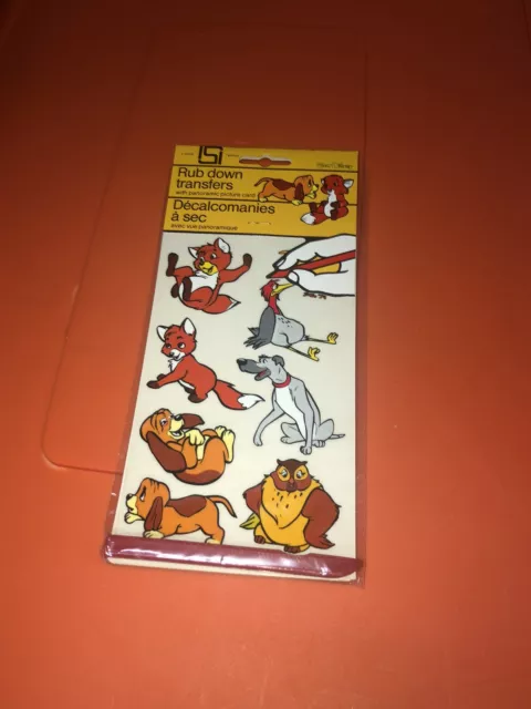 VTG Walt Disney Rub On Down Transfers Fox And The Hound W Picture Card MIP 1980