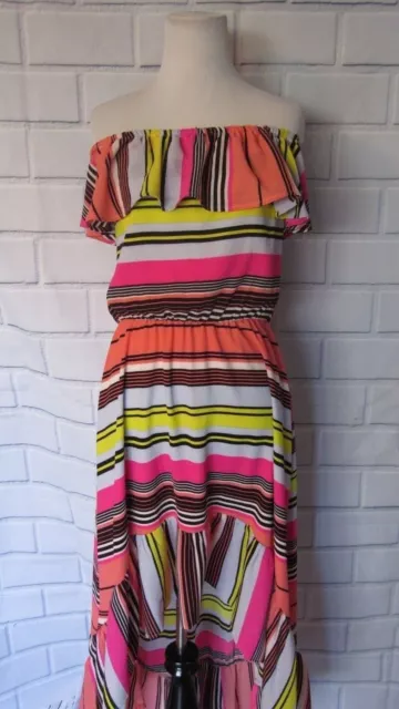 NWT Charles Henry Off the Shoulder Dress Sz L Ruffle High Low Neon Stripes Pink