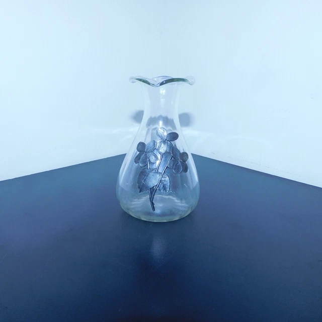 VASE EN VERRE Transparent Avec Un Decor Fleurs En Etain Évasé EUR 9,00