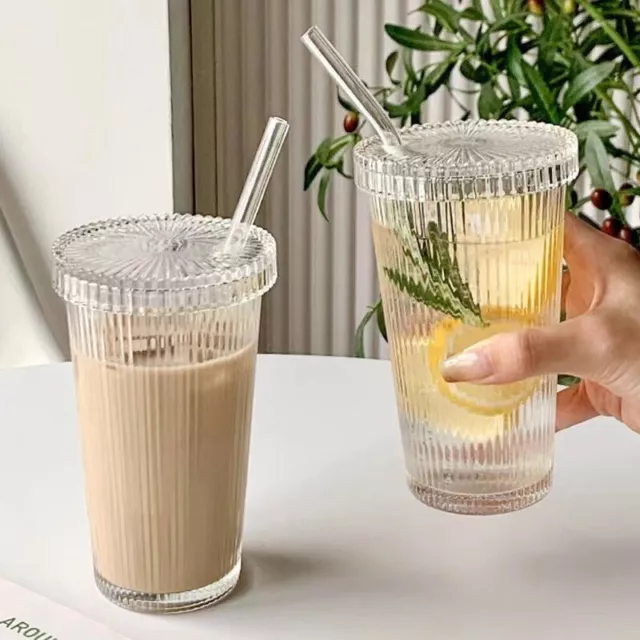 With Lid And Straw Transparent Mug Milk Coffee Mug Stripe Glass Cup Tea Cup BJ