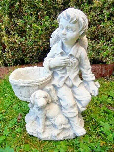 Statue "Junge mit Hund & Pflanztopf" Menschen Steinguss 34cm Steinfigur Skulptur