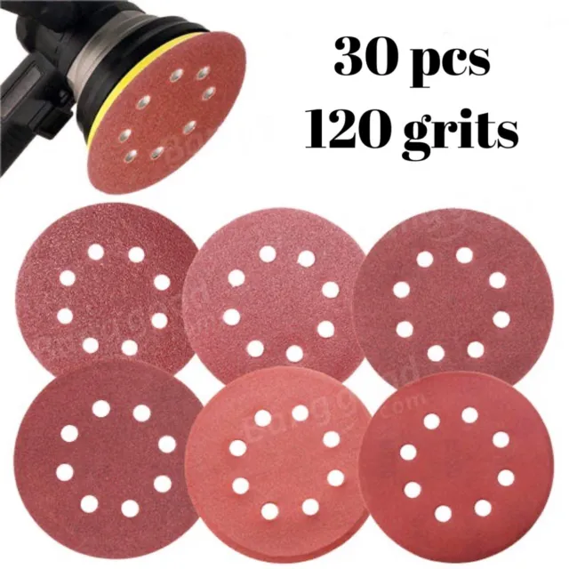 5" 8 Hole 120 Grit Sand Disc Paper Random Orbit Hook and Loop Sander 30pc