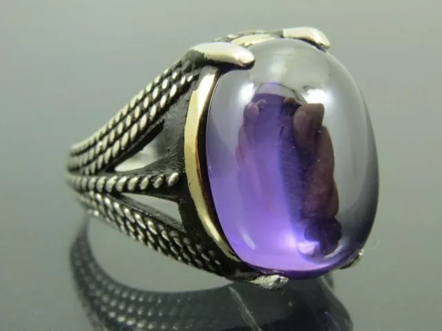Solid 925 Sterling Silver Natural Purple Amethyst Gemstone Gift Mens Unisex Ring