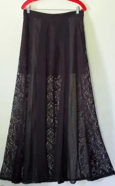 DKNY Silk Blend Maxi Paisley Lace Panels Attached Mini Black Skirt Formal Size 8