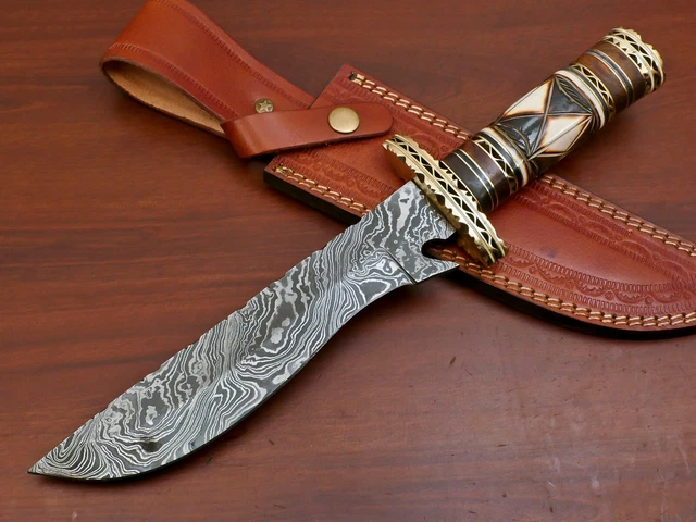 Custom Hand Forged Damascus Steel Hunting Knife - Burn Camel Bone/Wood - Za-3936