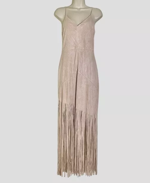 Sans Souci Womens Suede fringe maxi Dress Size L Nude Spaghetti Strap Western