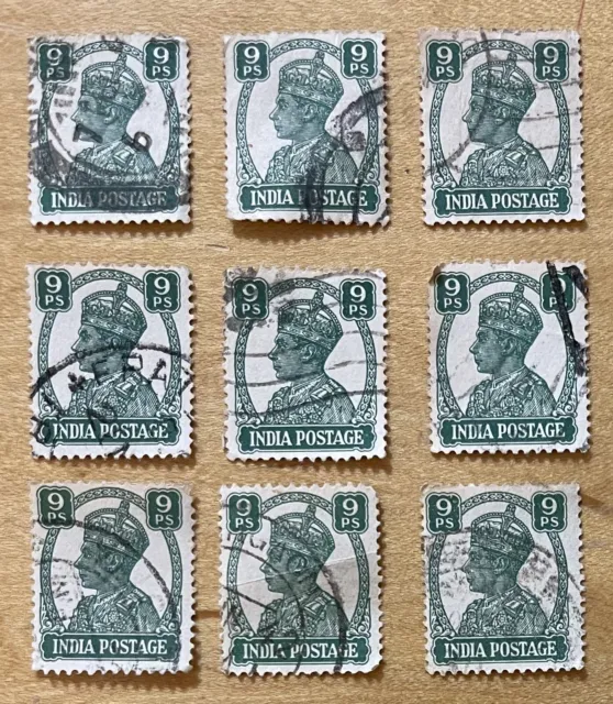 India Postage Stamp 1941-1943 Lot Of 9 King George VI 9 Paisa Used