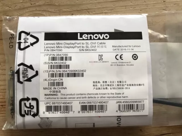 GENUINE Lenovo MiniDisplay Port To SL-DVI Cable Adapter PN 0B47090 Security Seal