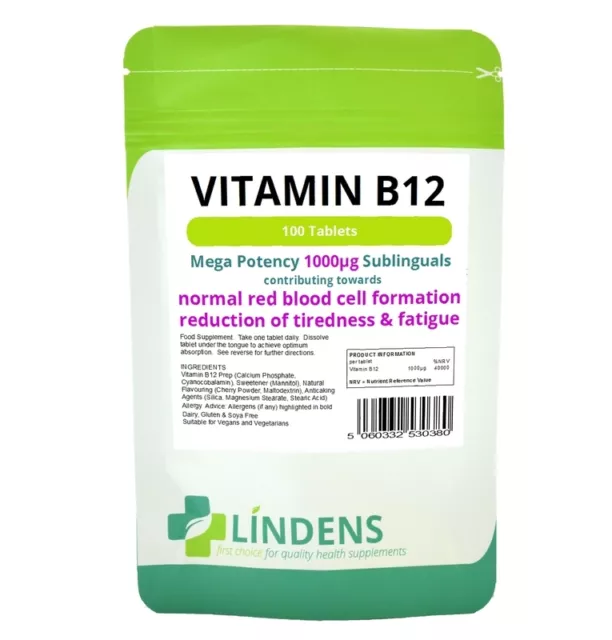 Lindens Vitamin B-12 1000mcg High Potency 1-a-day 100 Sublingual Tablets B B12
