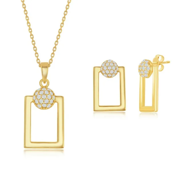 Sterling Silver Round Micro Pave CZ Open Rectangle Pendant & Earrings Set