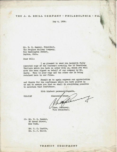 Vintage 1938 JG Brill Co Philadelphia Pa Letter Letterhead Peoples Railway Co