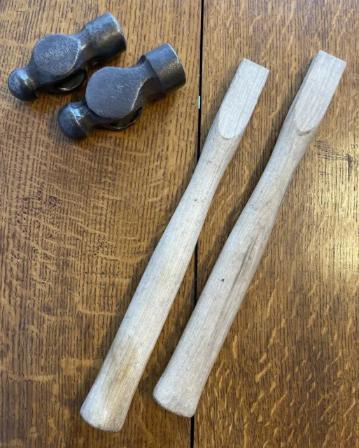 Two Vintage Ball Pein Hammer Heads 1 1/2lb + 2lb + Hickory Handles Whitehouse
