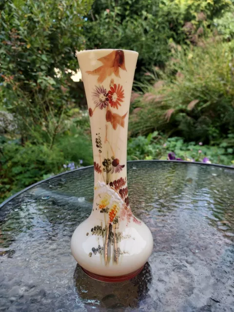 Vintage Art Glass Hand Painted 9" Milk Glass Vase Floral Decoration