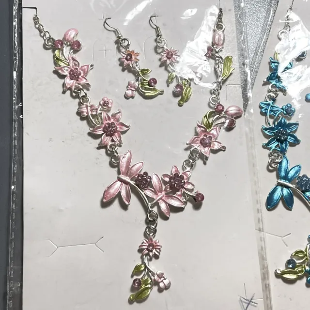 4 Necklace earrings Sets all different WHOLESALE silver pink green blue  A.