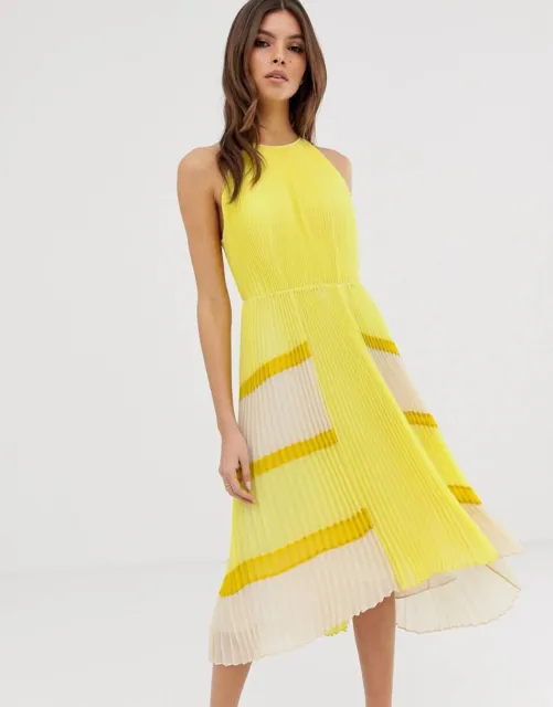 Ted Baker Nellina Pleated Dress Yellow UK6 Midi Dipped Hem Ombre Wedding Guest