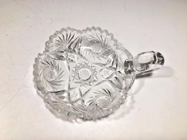Vintage American Brilliant Heavy Cut Glass Small Round Dish w/Handle 5"D