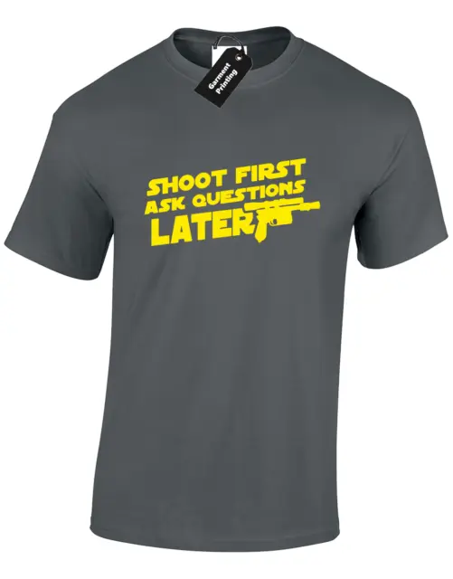 T-Shirt Shoot First Ask Later Da Uomo Funny Star Trooper Storm Wars Han Solo Jedi