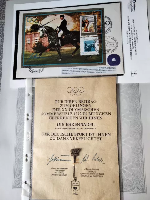 Urkunde Helfer Olympia München 1972 Unterschrift Josef Neckermann + Gedenkblatt
