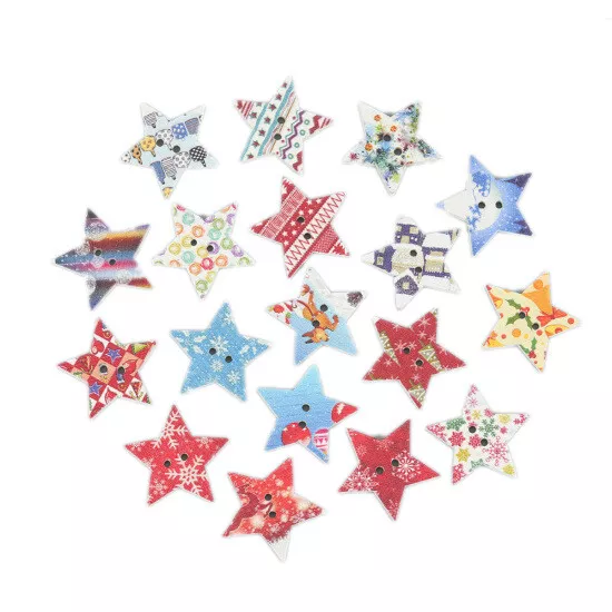 BULK BUY 50 x Lovely Christmas Mixed Star Design White Wooden Buttons FREE P&P