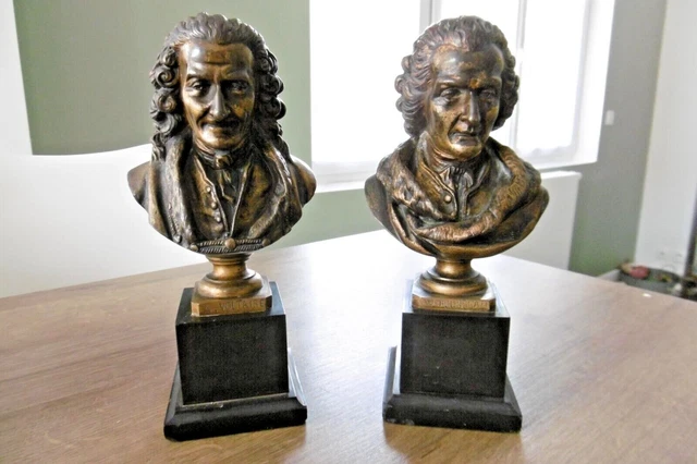 Ancienne paire de bustes en bronze Voltaire et Rousseau du XIX siècle