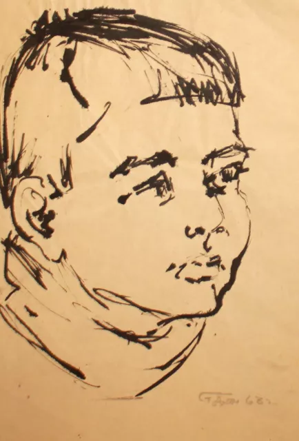 Vintage impressionist ink painting boy portrait signed