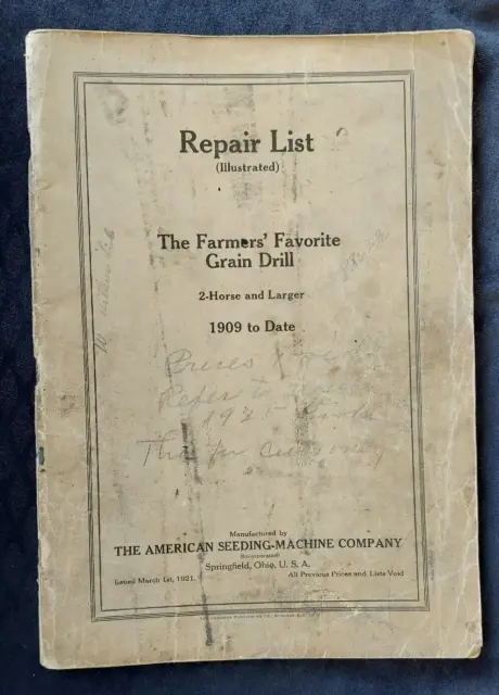 1921 Repair List Farmers Favorite Drill American Seeding Machine Springfield OH