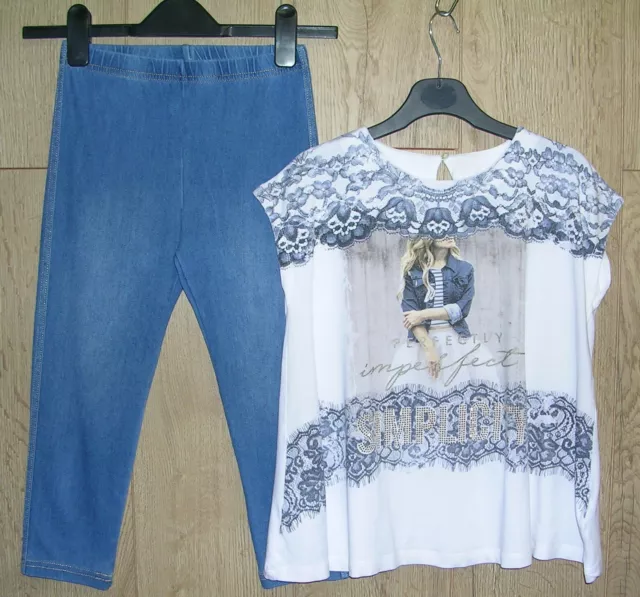 MAYORAL Girls Lace Print T-shirt Denim Look Leggings Set Outfit Age 10 140cm
