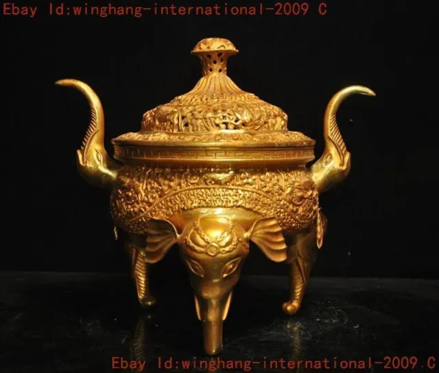 China Buddhism temple bronze 24k gold Gilt elephant Incense burner Censer statue
