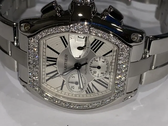 Mens Cartier Roadster XL Chronograph Stainless Steel Automatic Diamond Watch