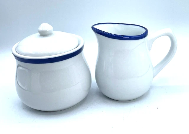 Pottery Barn Classic White with Blue Stripe Sugar & Creamer Farmhouse