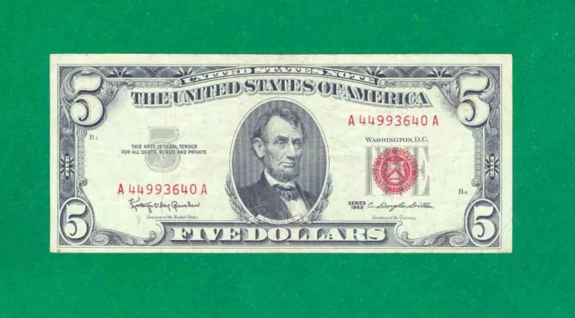 $5 1963 1 A/A Block Red Seal United States Note Circ.