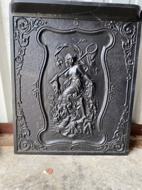 Antique Cast Iron Fireplace Cover/Plate Victorian Era Scene 24" tall/20.5" Wide